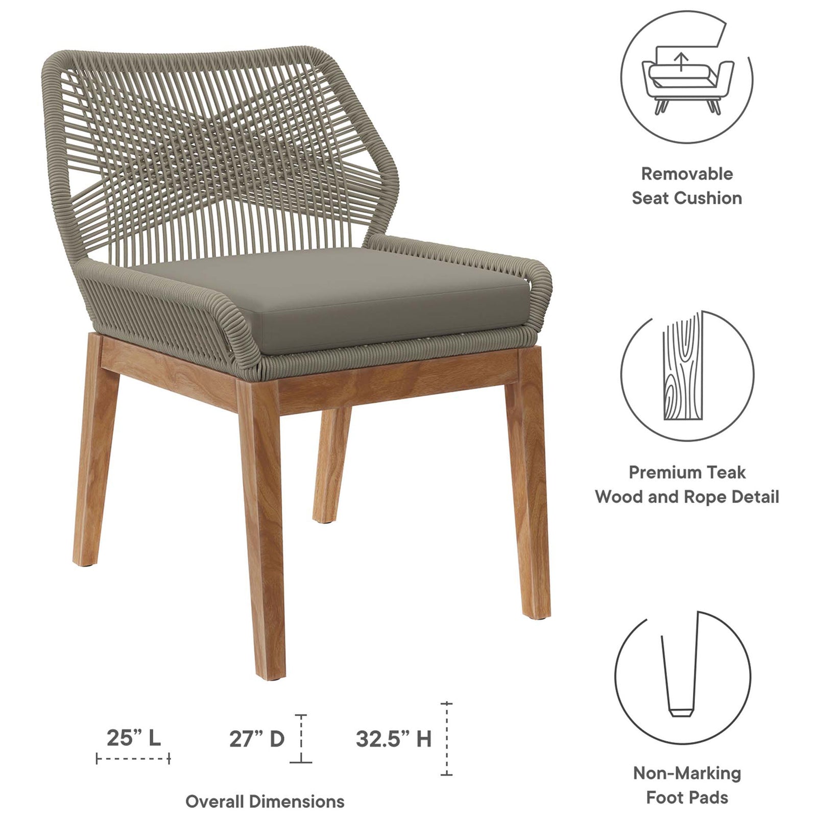 Light gray greige outdoor dining chair displayed with dimensions, removable cushion, and protective foot pads || EEI-5747-LGR-GRG || dimension_studio