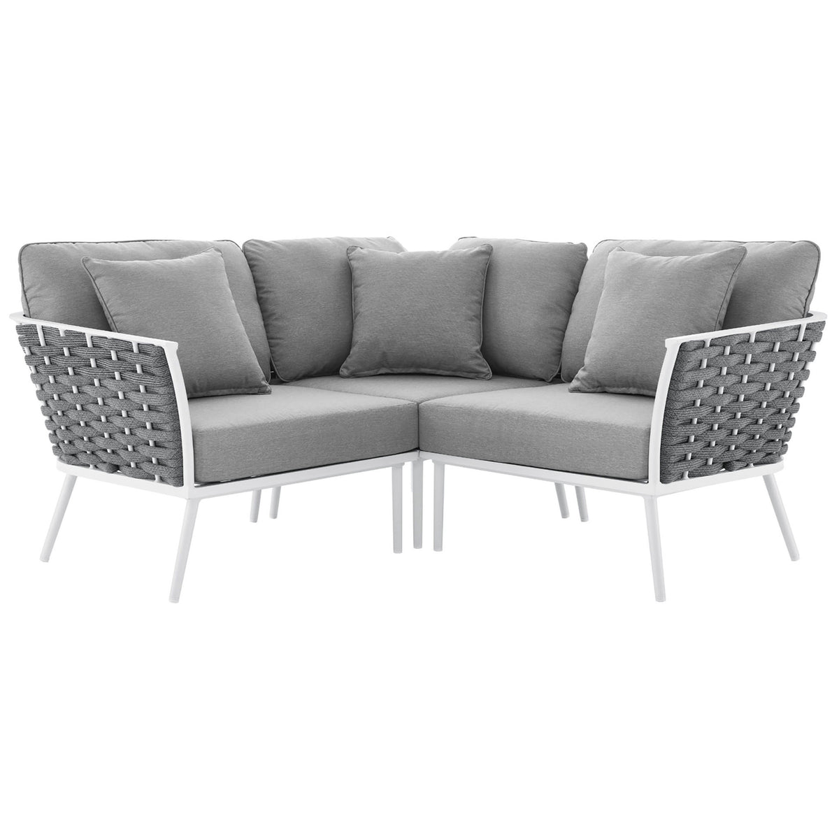 Small gray outdoor sectional with plush cushions and woven rope back on a crisp white aluminum frame || EEI-5752-WHI-GRY || front_angle_studio