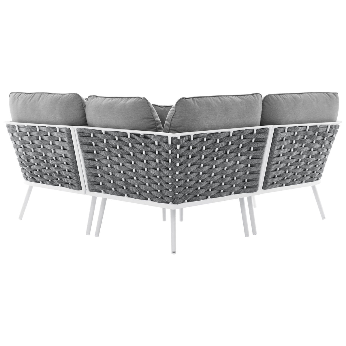 Sectional sofa shows off the sculpted gray rope lattice wrapping the back over slim white aluminum legs || EEI-5752-WHI-GRY || back_angle_studio
