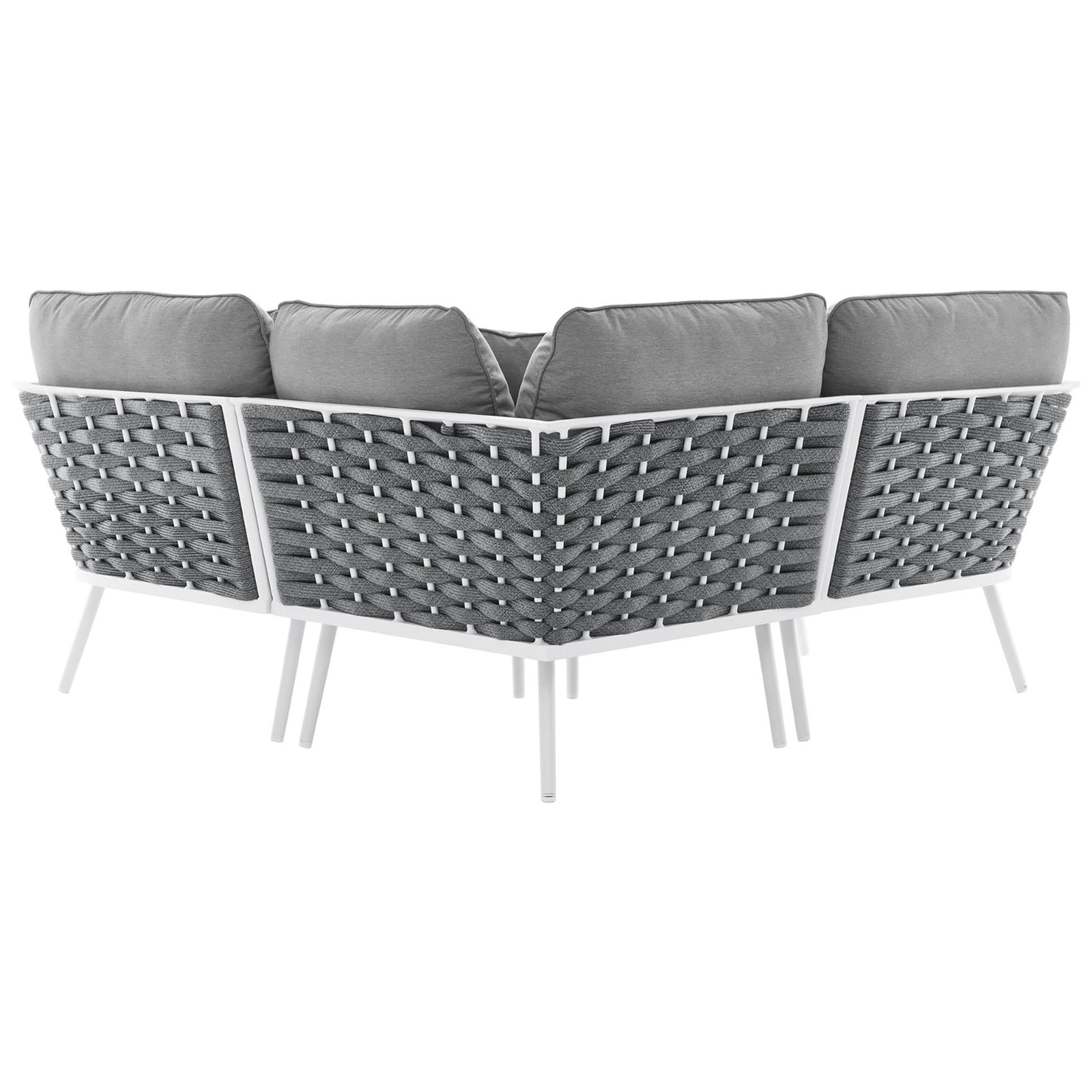 Sectional sofa shows off the sculpted gray rope lattice wrapping the back over slim white aluminum legs || EEI-5752-WHI-GRY || back_angle_studio