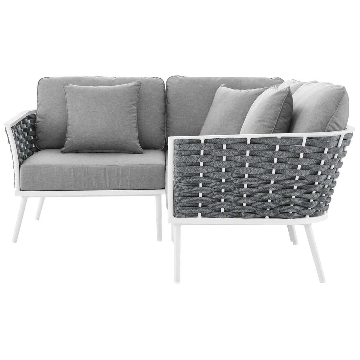 Gray corner sectional sofa highlights the wraparound rope sides and airy white legs for modern patios || EEI-5752-WHI-GRY || front_angle_studio