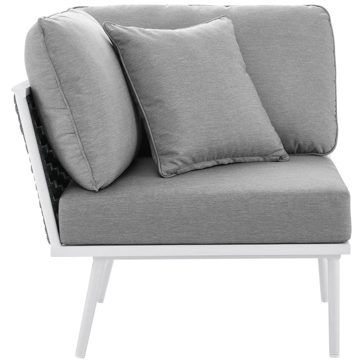 Sectional corner piece displays generously padded gray cushions supported by tapered white legs || EEI-5752-WHI-GRY || side_partial_studio