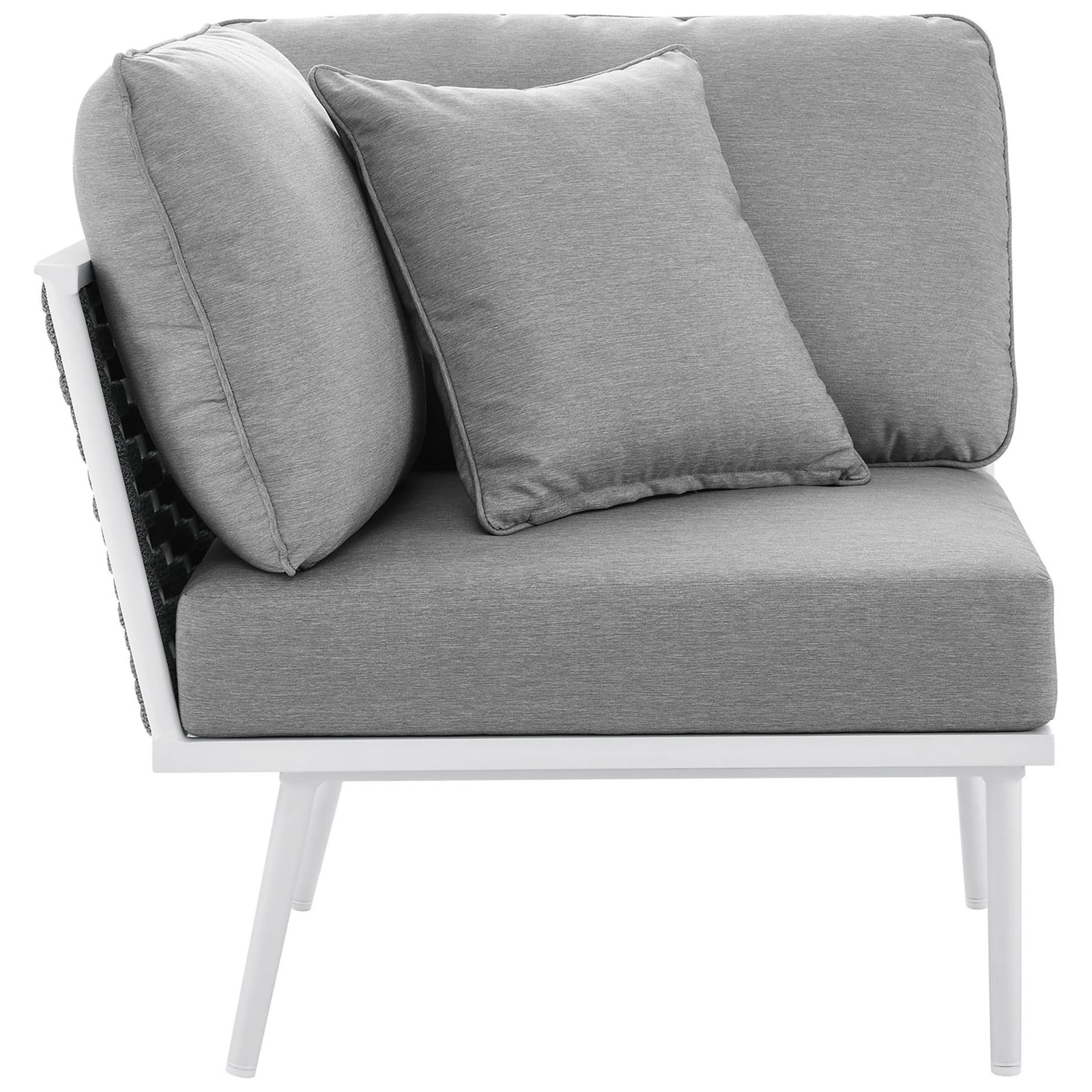 Sectional corner piece displays generously padded gray cushions supported by tapered white legs || EEI-5752-WHI-GRY || side_partial_studio
