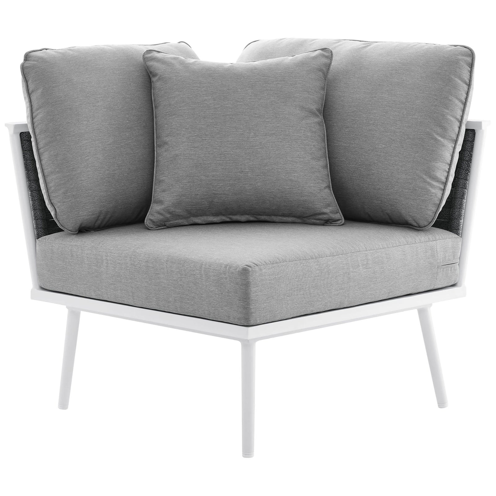 Corner chair section features deep gray cushions and basket-weave rope back on a sturdy white frame || EEI-5752-WHI-GRY || front_partial_studio