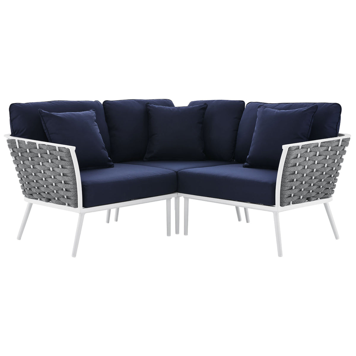 Small navy outdoor sectional with plush cushions and woven rope back on a crisp white aluminum frame || EEI-5752-WHI-NAV || front_angle_studio