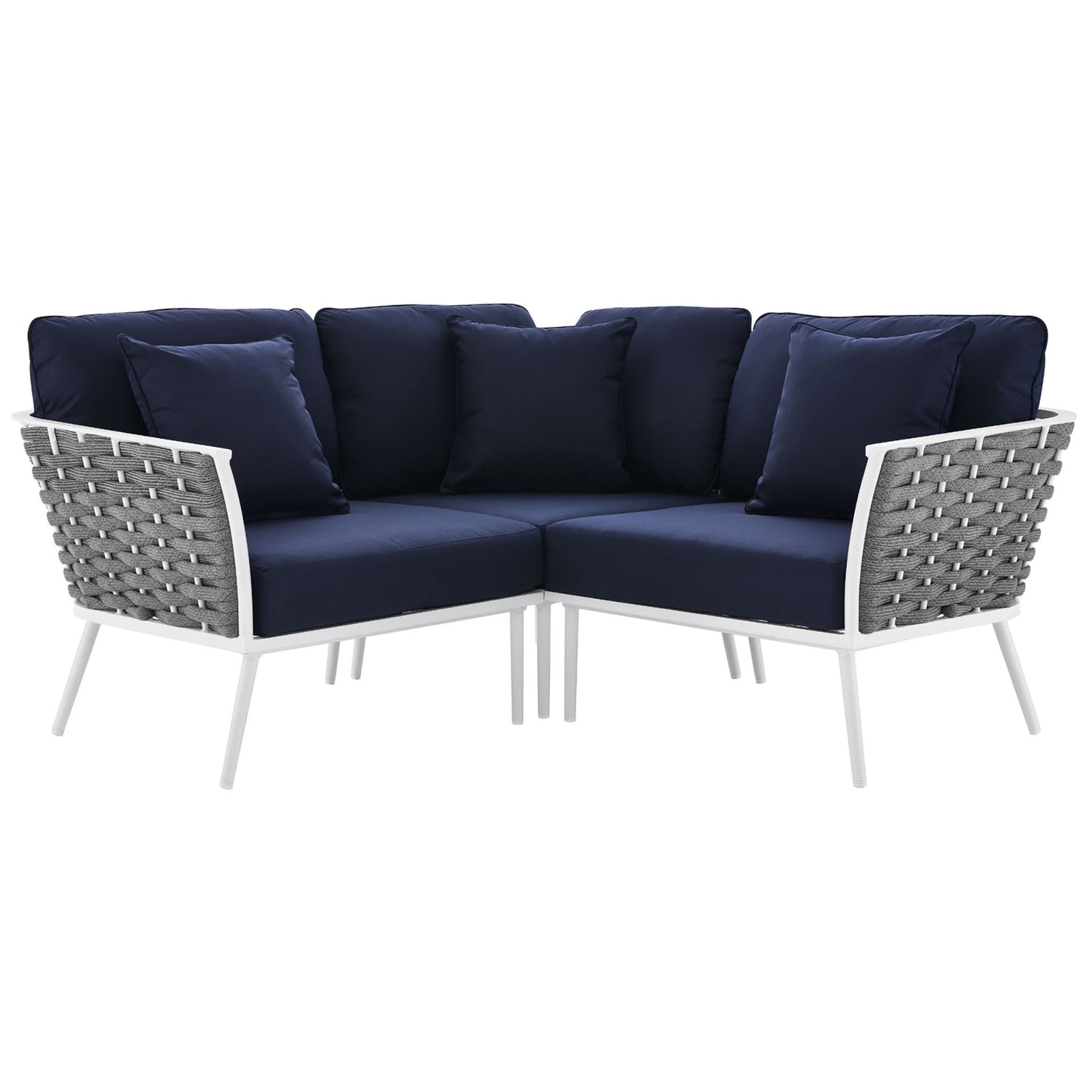 Small navy outdoor sectional with plush cushions and woven rope back on a crisp white aluminum frame || EEI-5752-WHI-NAV || front_angle_studio