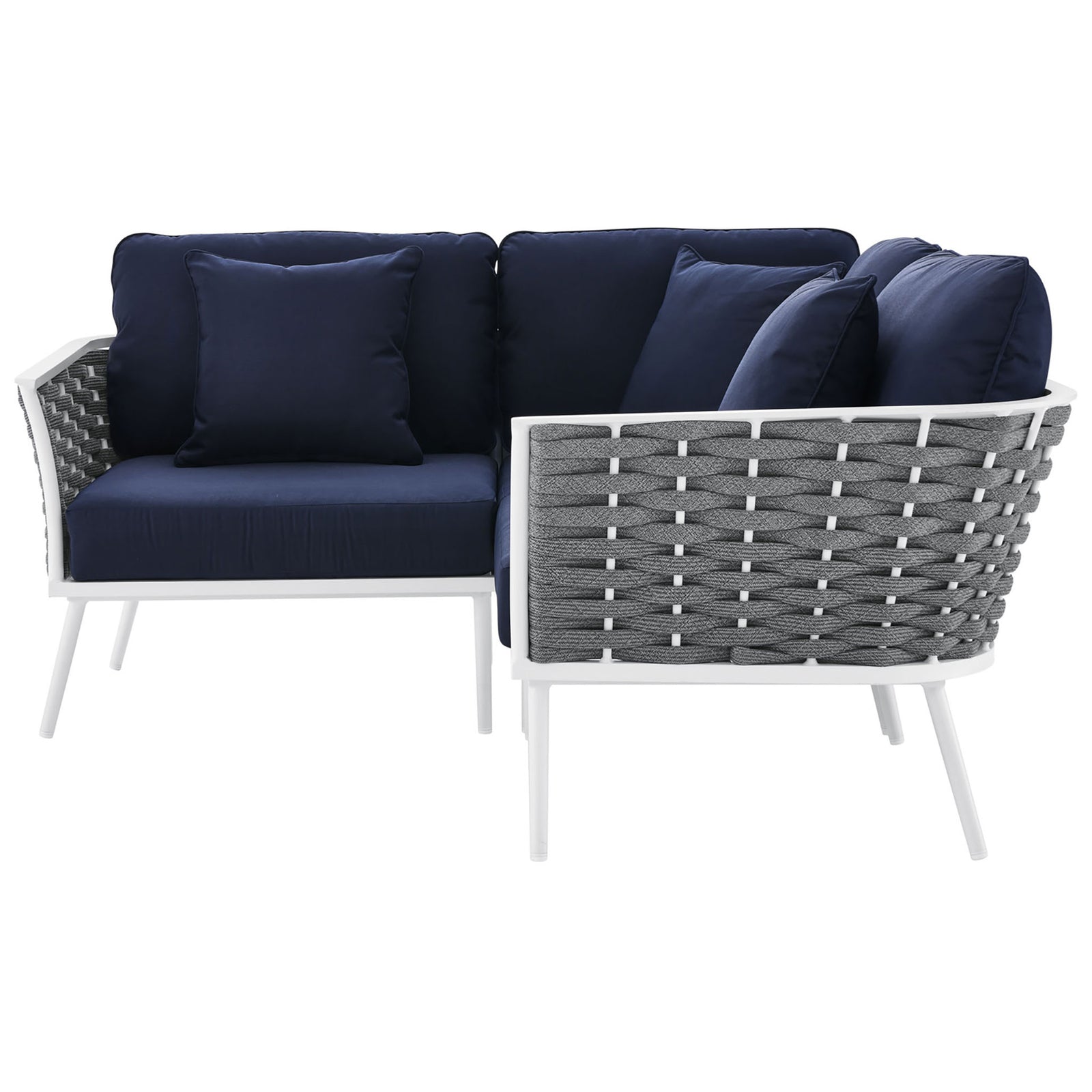 Navy corner sectional sofa highlights the wraparound rope sides and airy white legs for modern patios || EEI-5752-WHI-NAV || front_angle_studio