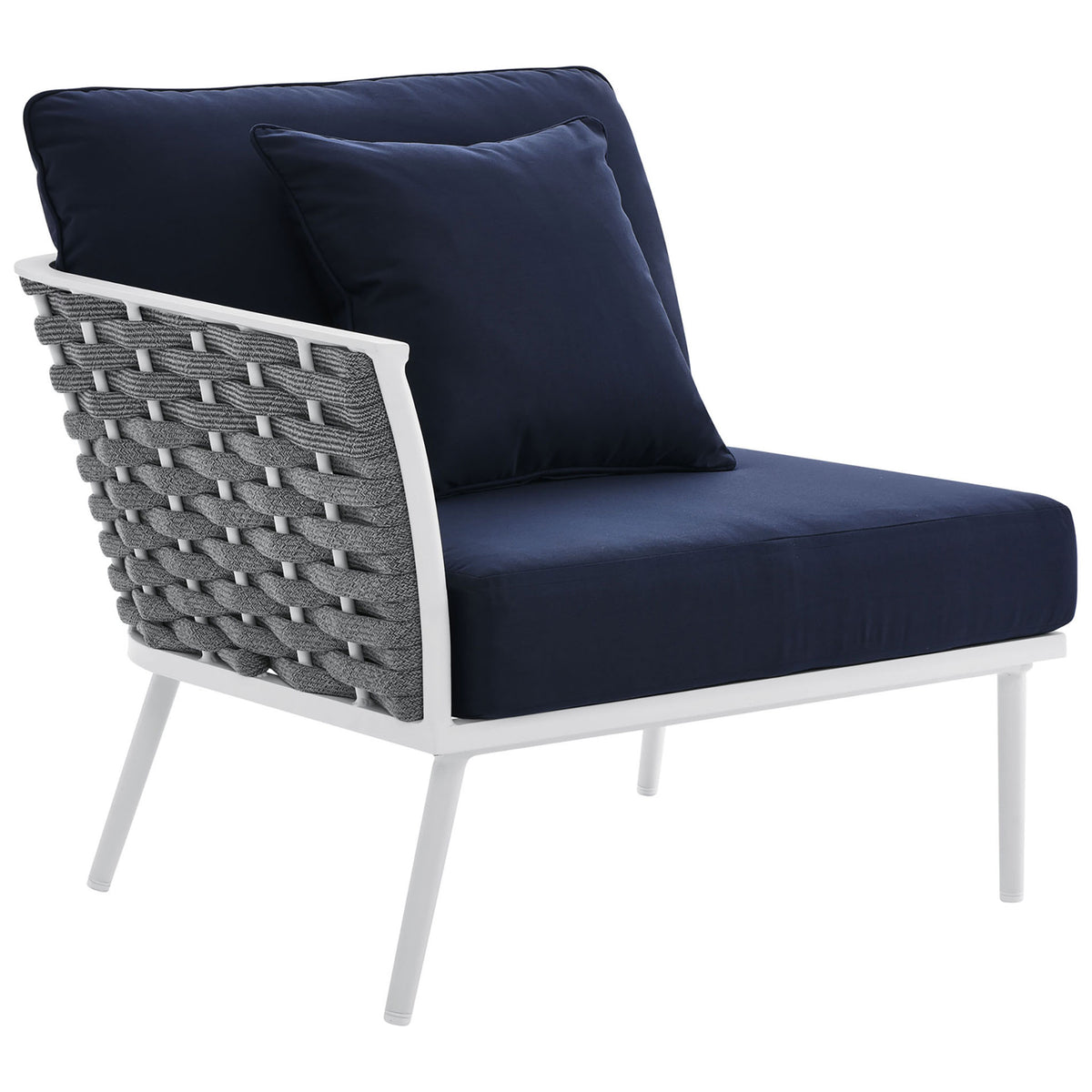 Armless sectional seat pairs soft navy cushions with bold woven rope sides and slim white metal legs || EEI-5752-WHI-NAV || front_angle_partial_studio