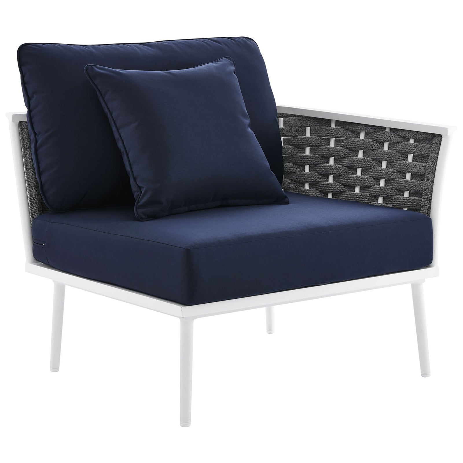 Armchair module combines a wide navy seat cushion, matching pillow, and open rope arm detail || EEI-5752-WHI-NAV || front_angle_partial_studio