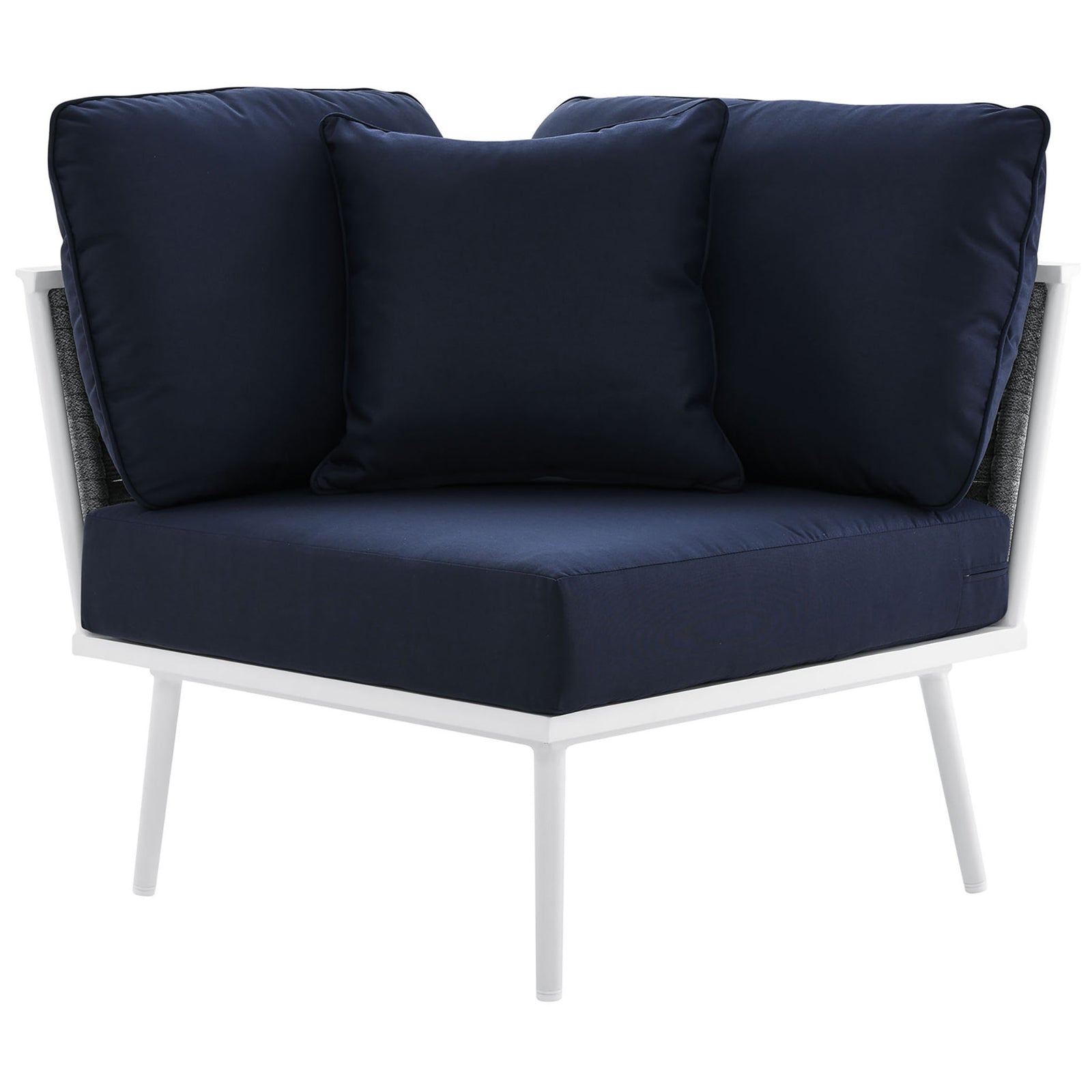 Corner chair section features deep navy cushions and basket-weave rope back on a sturdy white frame || EEI-5752-WHI-NAV || front_partial_studio