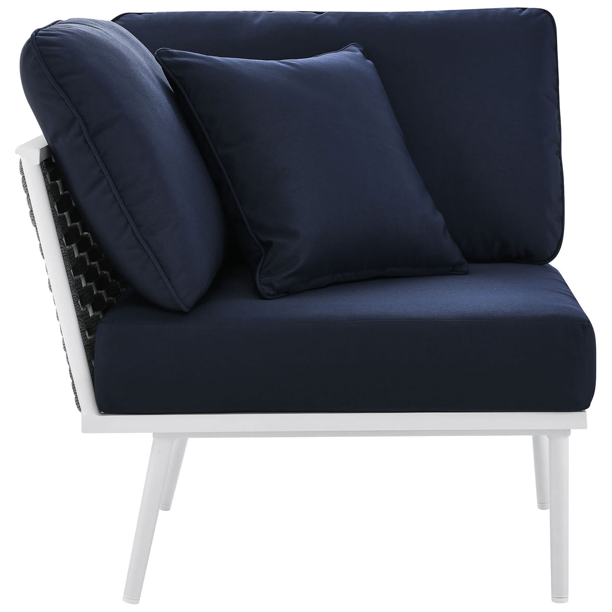 Sectional corner piece displays generously padded navy cushions supported by tapered white legs || EEI-5752-WHI-NAV || side_partial_studio
