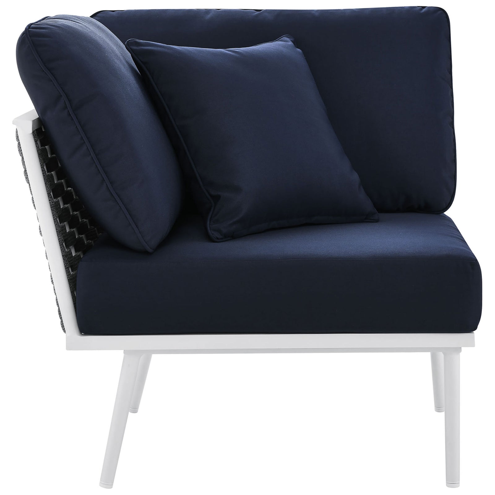 Sectional corner piece displays generously padded navy cushions supported by tapered white legs || EEI-5752-WHI-NAV || side_partial_studio