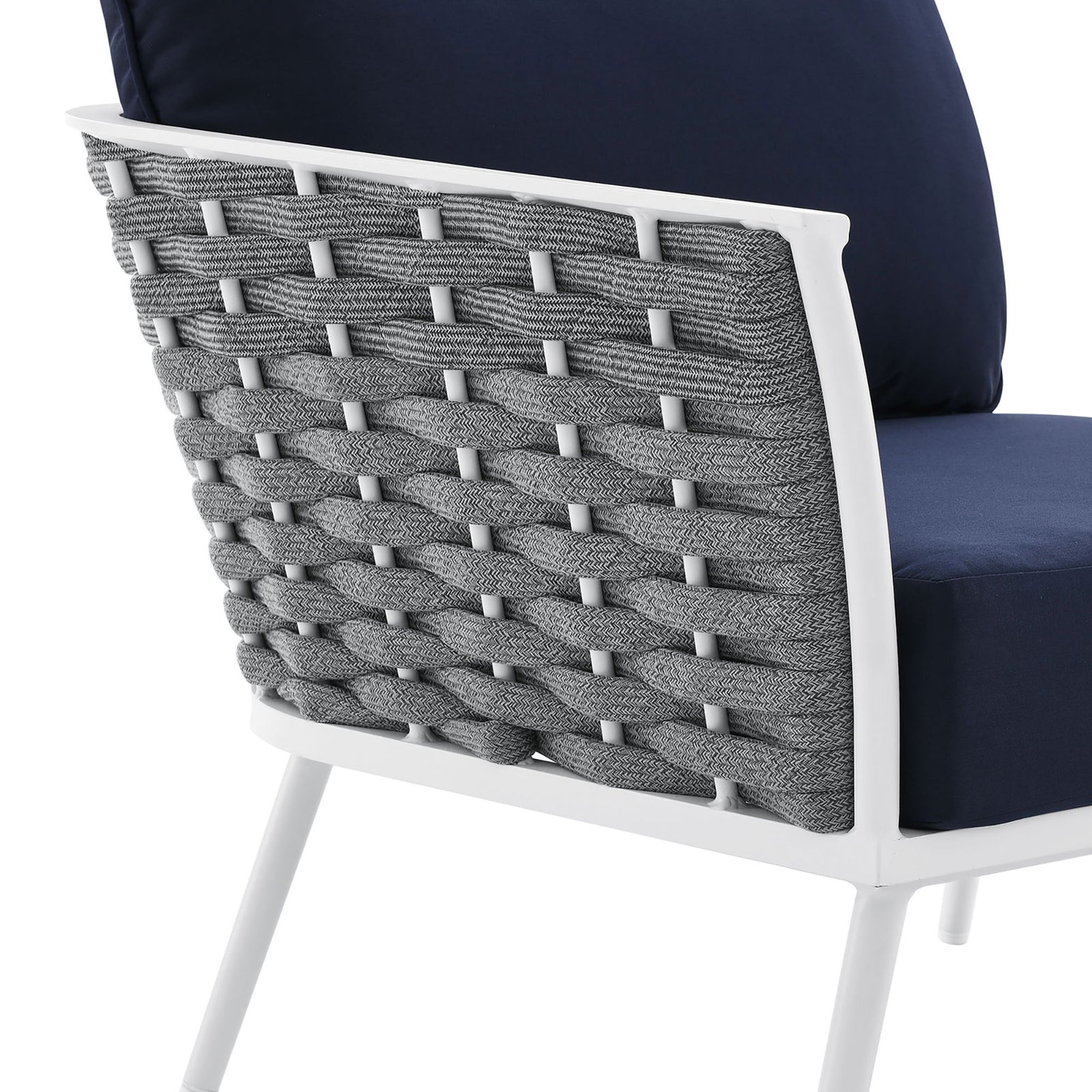 Textured gray rope bands frame the navy cushion for a tailored, supportive outdoor seating look || EEI-5752-WHI-NAV || detail_studio