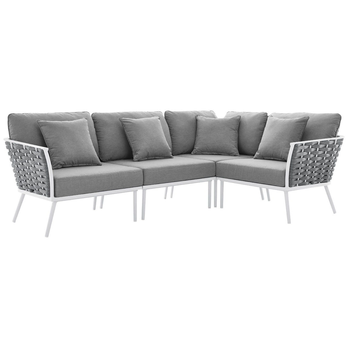 Spacious gray outdoor sectional with plush cushions, woven rope sides, and a crisp white aluminum frame. || EEI-5753-WHI-GRY || front_angle_studio