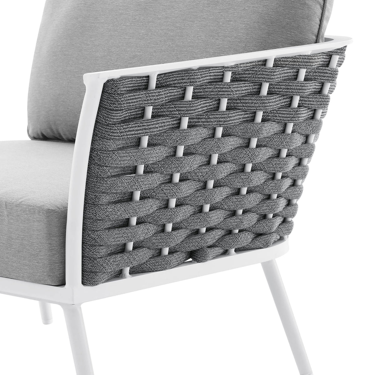 Intricate gray rope weave along the back contrasts with the smooth cushions and bright white frame. || EEI-5753-WHI-GRY || detail_studio