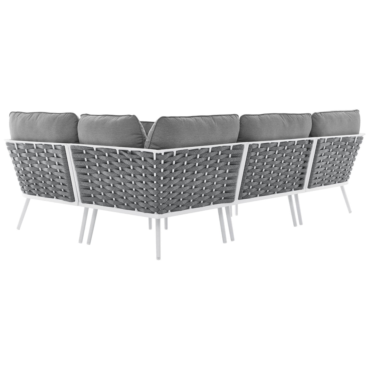Back of the large gray sectional reveals the geometric rope lattice and sturdy powder coated frame. || EEI-5753-WHI-GRY || back_angle_studio