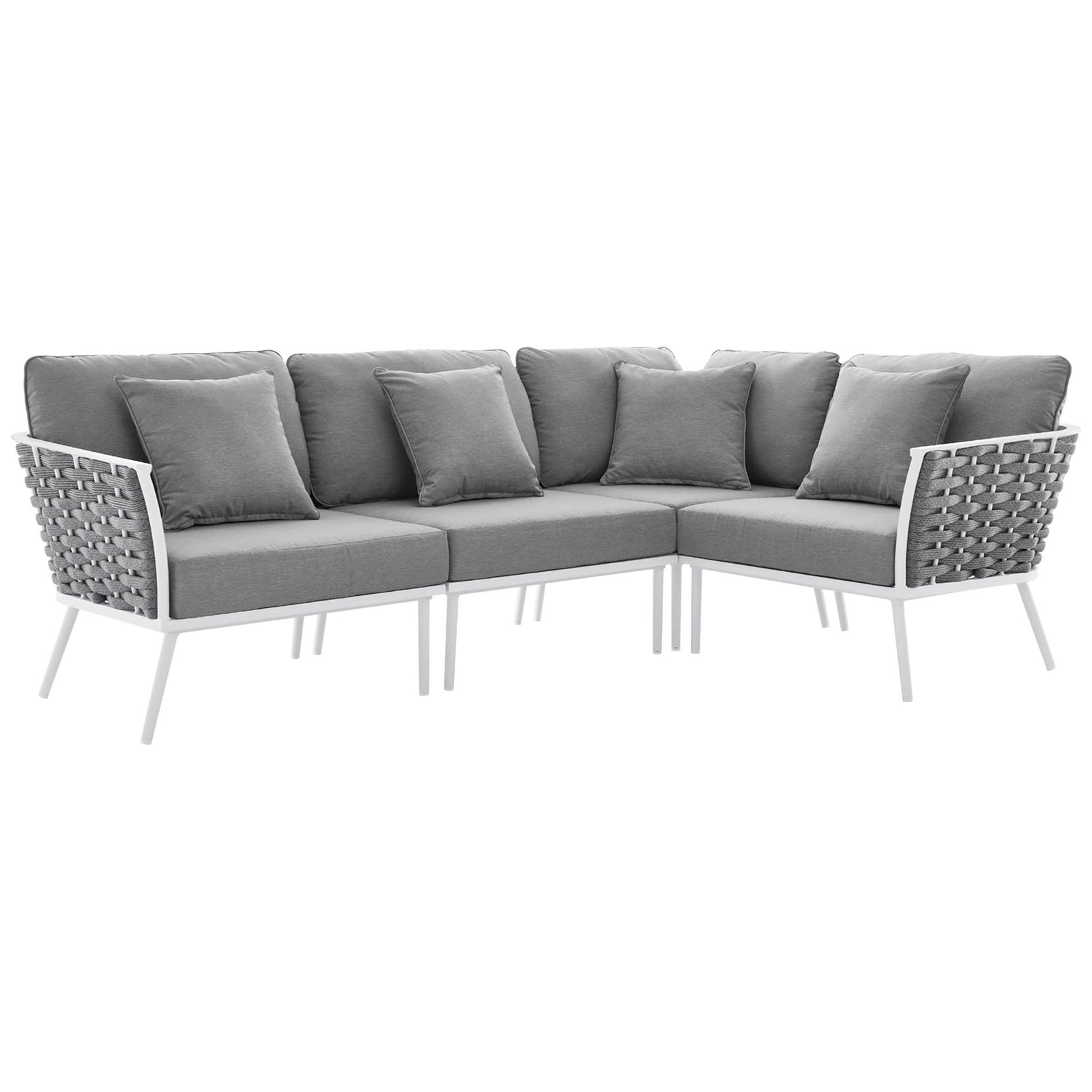 Spacious gray outdoor sectional with plush cushions, woven rope sides, and a crisp white aluminum frame. || EEI-5753-WHI-GRY || front_angle_studio