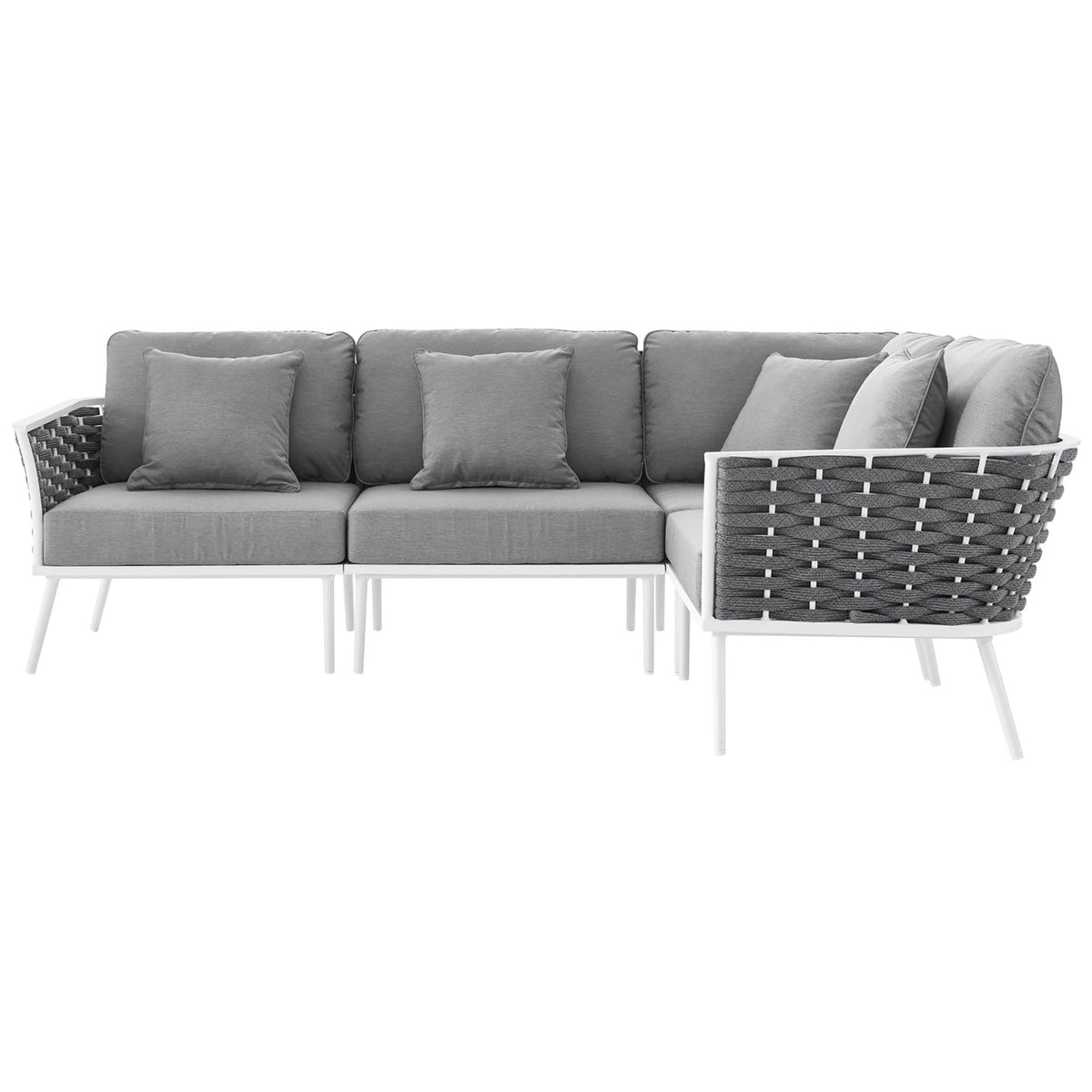 Modern gray patio sectional offers generous seating with supportive back cushions and sleek white legs. || EEI-5753-WHI-GRY || side_studio