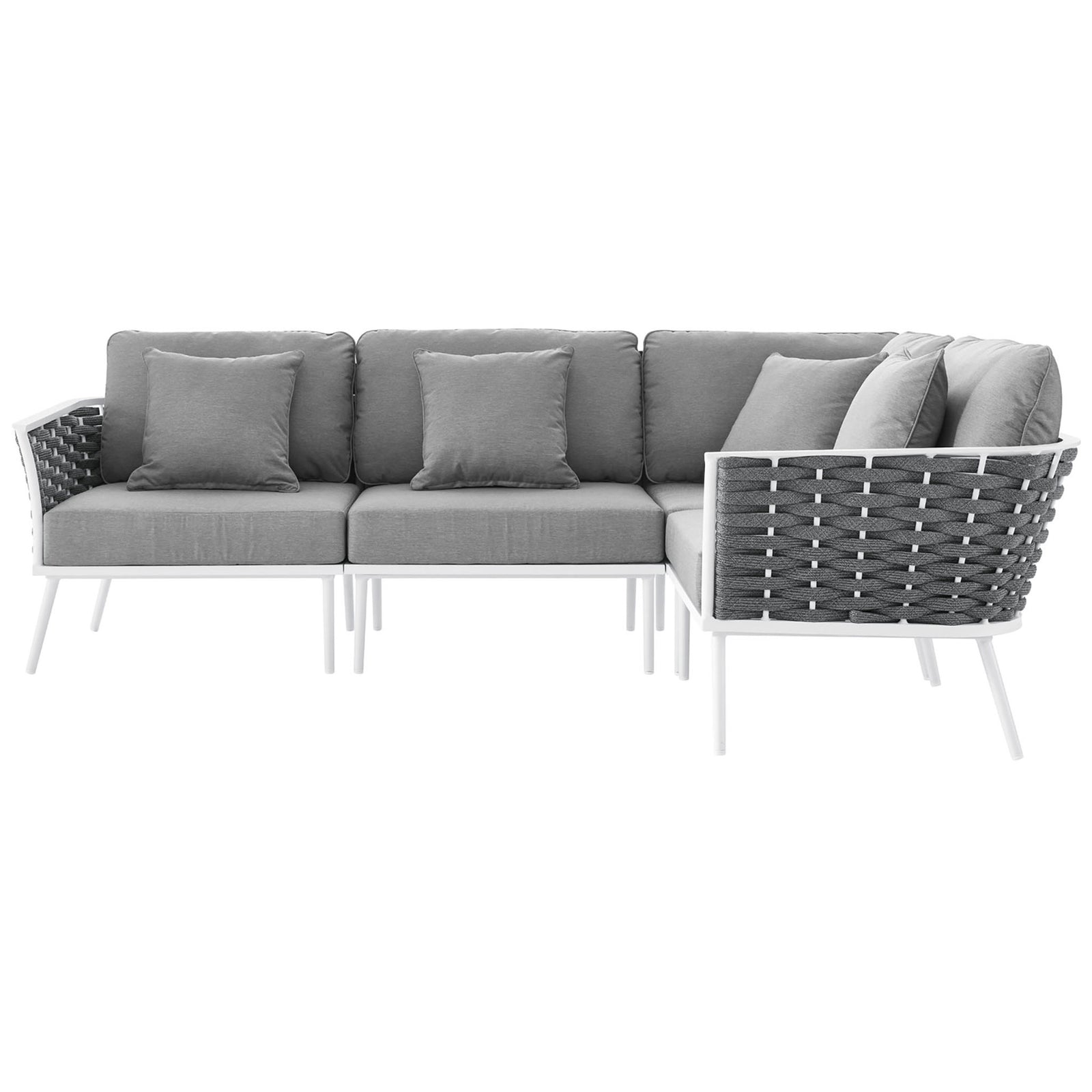 Modern gray patio sectional offers generous seating with supportive back cushions and sleek white legs. || EEI-5753-WHI-GRY || side_studio