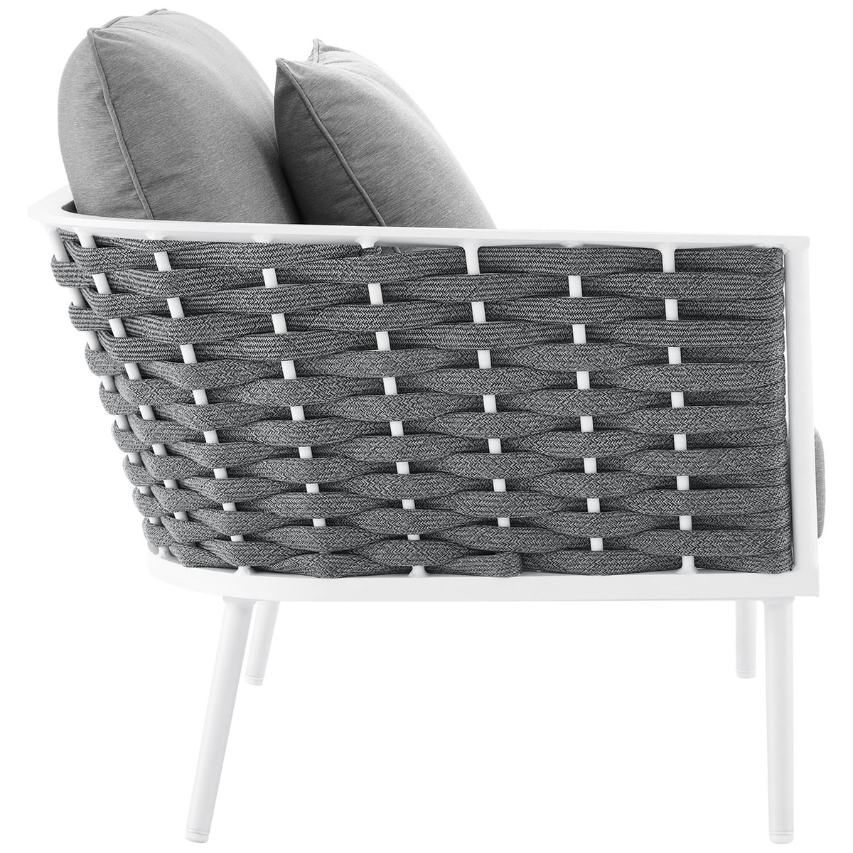 Back of the gray armchair module showcases the wide woven rope pattern and sturdy white metal frame. || EEI-5753-WHI-GRY || side_partial_studio