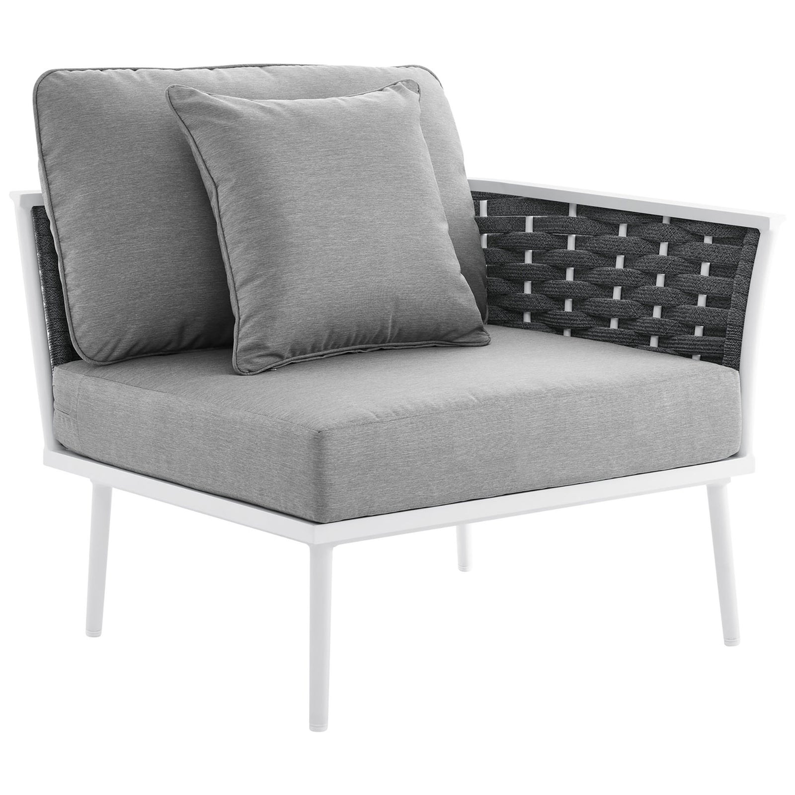 Square gray corner seat with supportive cushions and wraparound rope detailing on the aluminum frame. || EEI-5753-WHI-GRY || front_angle_partial_studio