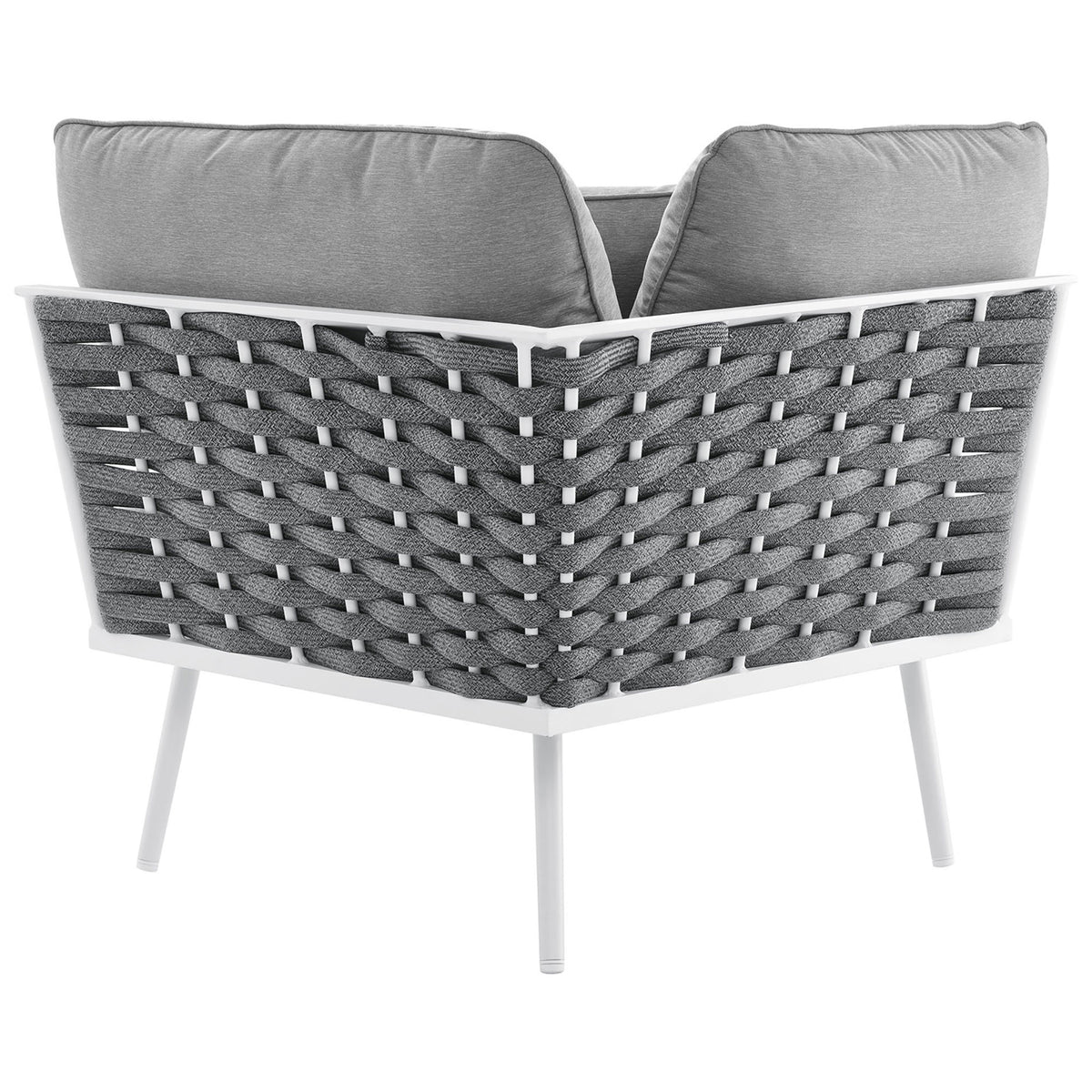 Corner chair rear features a dramatic flared frame wrapped in thick gray performance rope. || EEI-5753-WHI-GRY || back_angle_partial_studio
