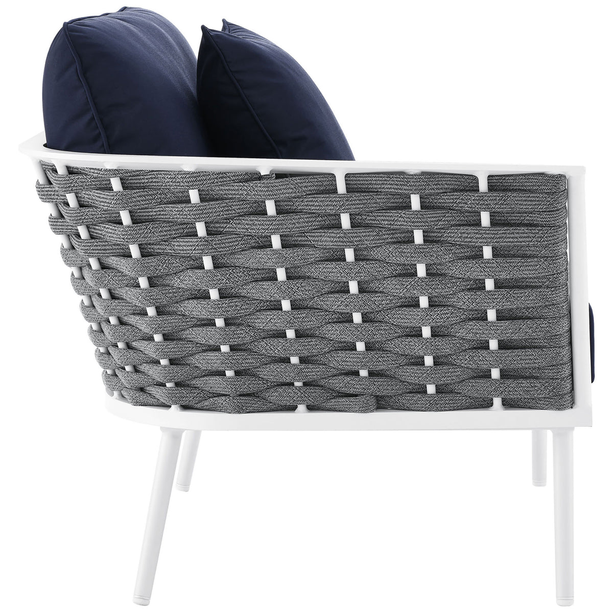 Rear of the navy armchair module features wide gray rope bands and a clean, powder coated aluminum frame. || EEI-5753-WHI-NAV || side_partial_studio