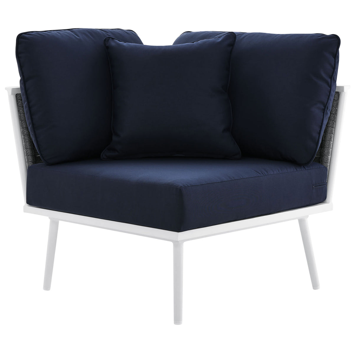Corner chair front emphasizes the enveloping navy cushions and roomy seating area. || EEI-5753-WHI-NAV || front_partial_studio