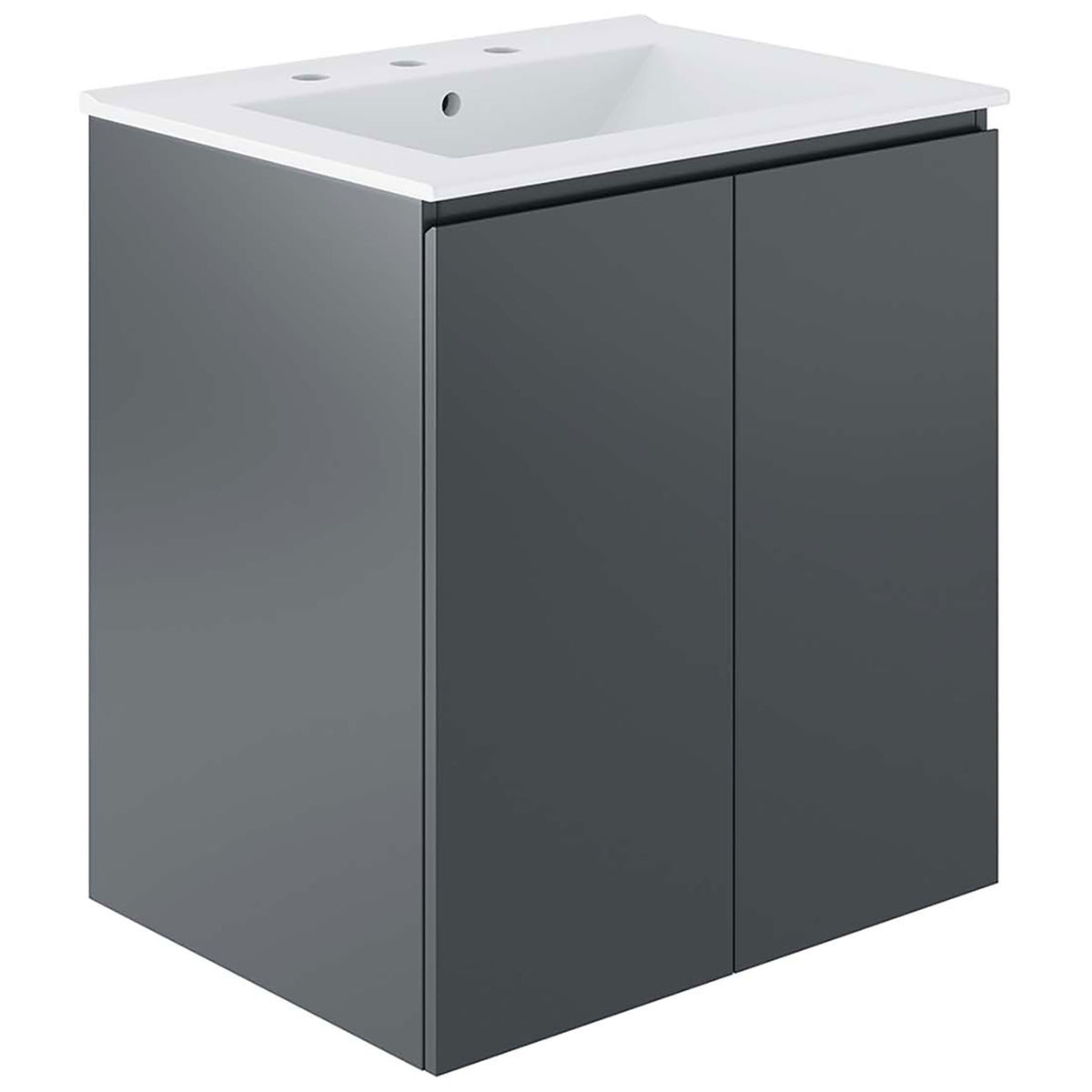 Compact wall-mounted vanity with smooth gray doors and integrated white ceramic sink. || EEI-5777-GRY-WHI || front_angle_studio