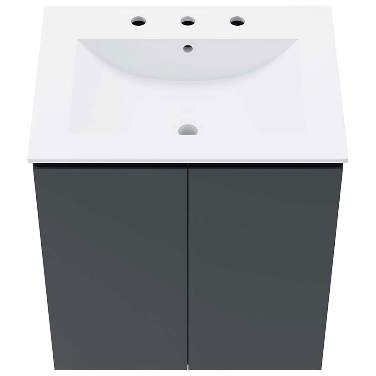 Integrated white sink with three-hole deck and gently sloped basin. || EEI-5777-GRY-WHI || top_studio
