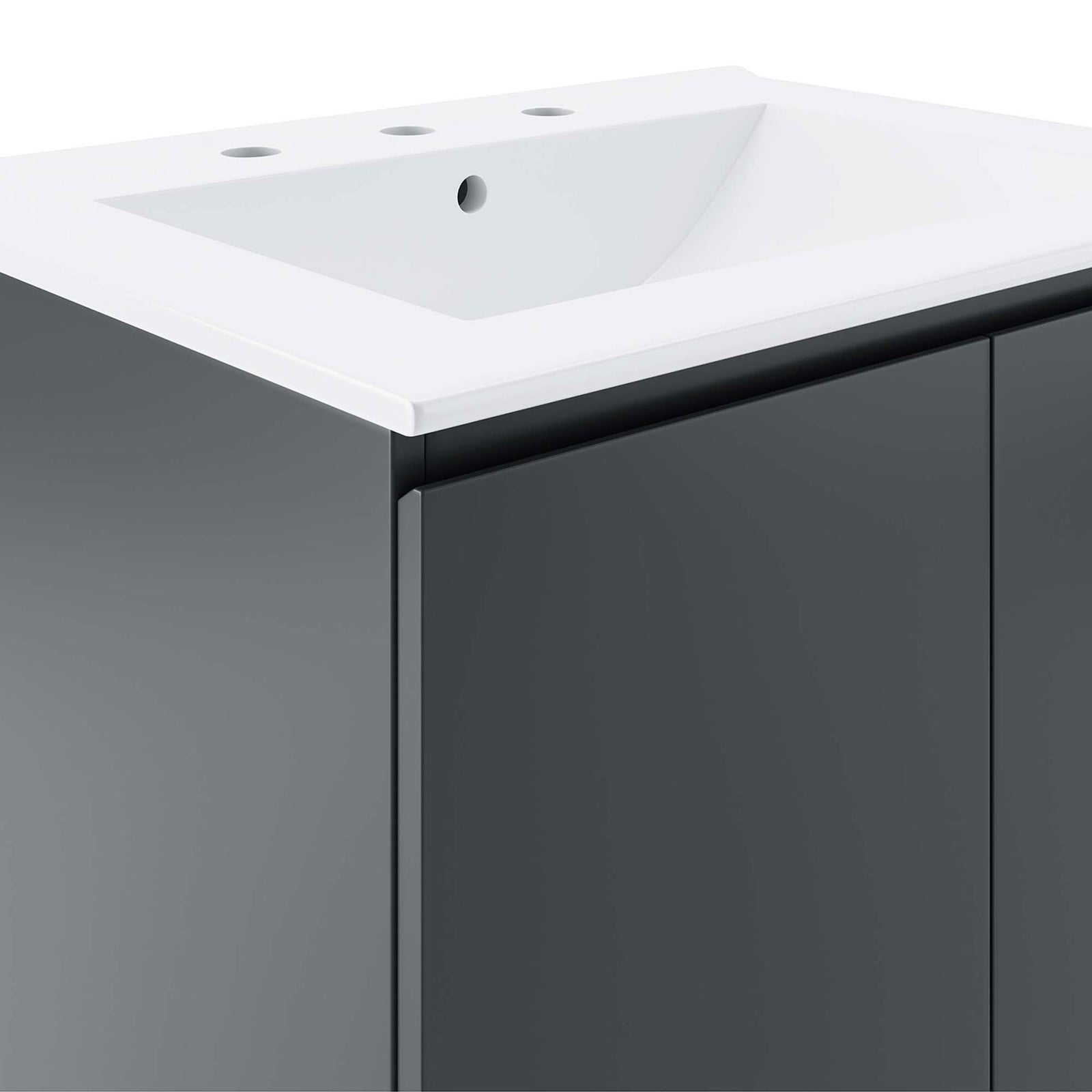 Seamless edge detail and clean lines on the matte gray cabinet and white top. || EEI-5777-GRY-WHI || detail_studio