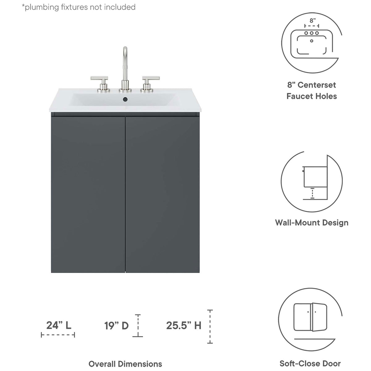 Key dimensions and features for the wall-mount vanity. || EEI-5777-GRY-WHI || dimension_studio