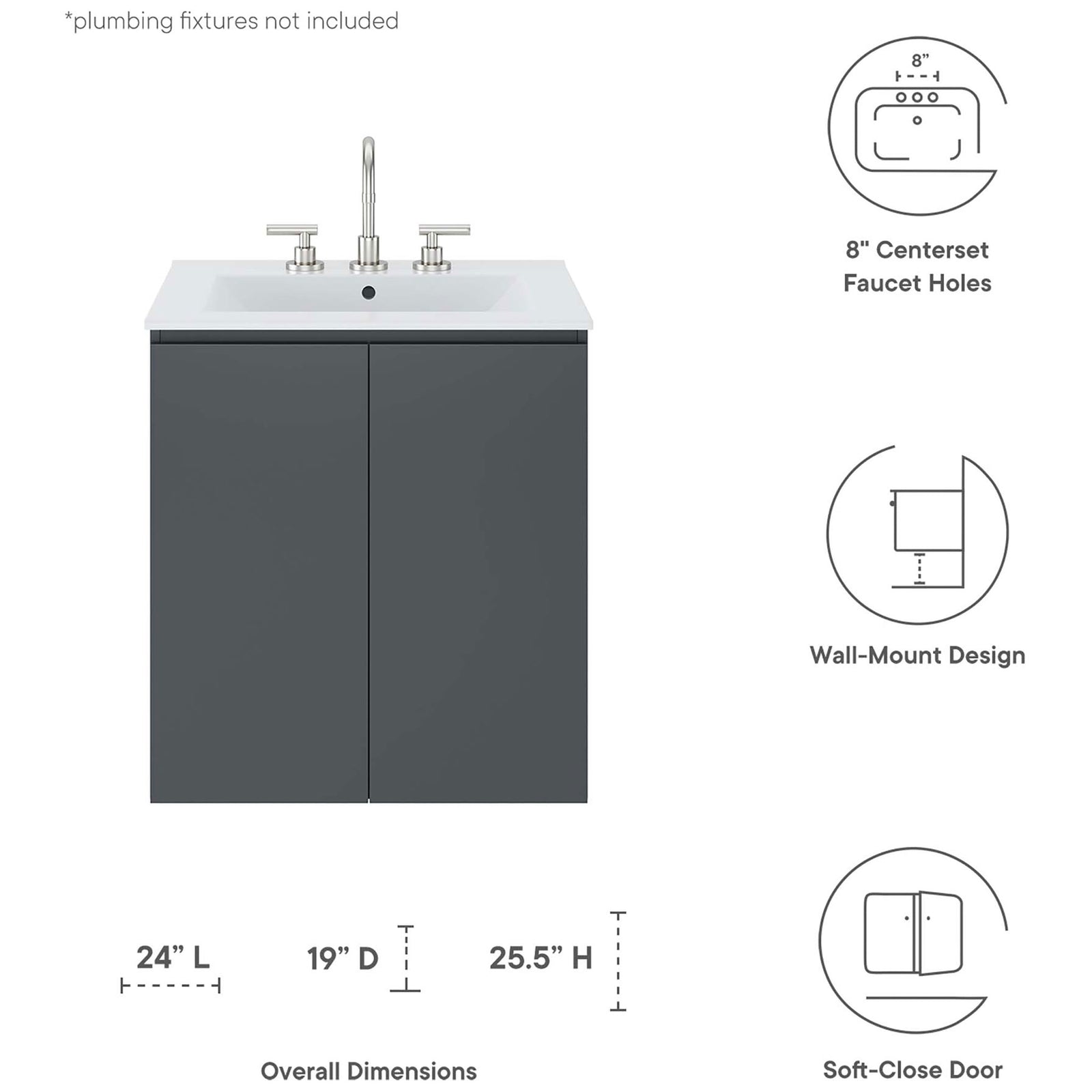 Key dimensions and features for the wall-mount vanity. || EEI-5777-GRY-WHI || dimension_studio