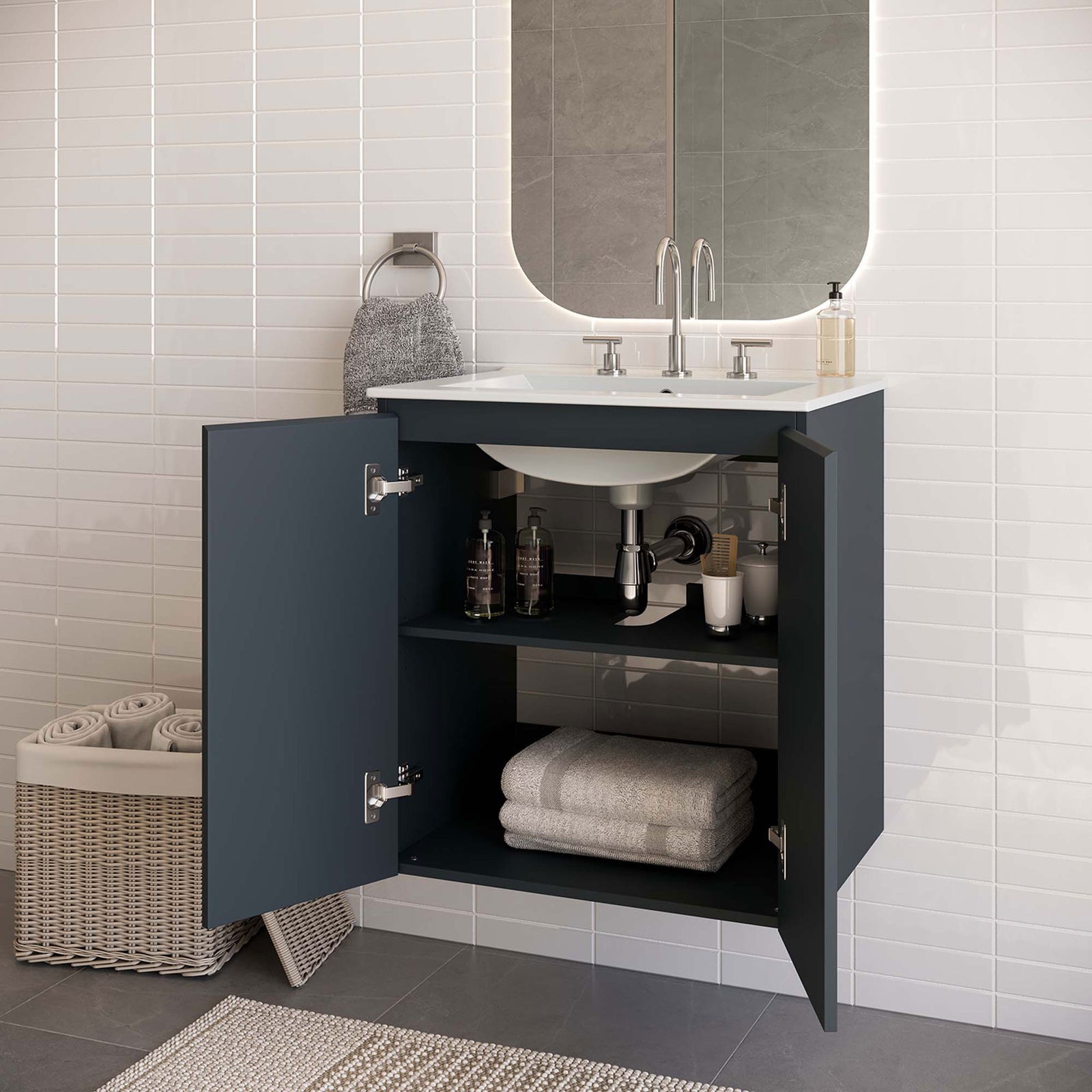 Modern wall-mounted vanity with open doors revealing organized storage. || EEI-5777-GRY-WHI || front_angle_open_room