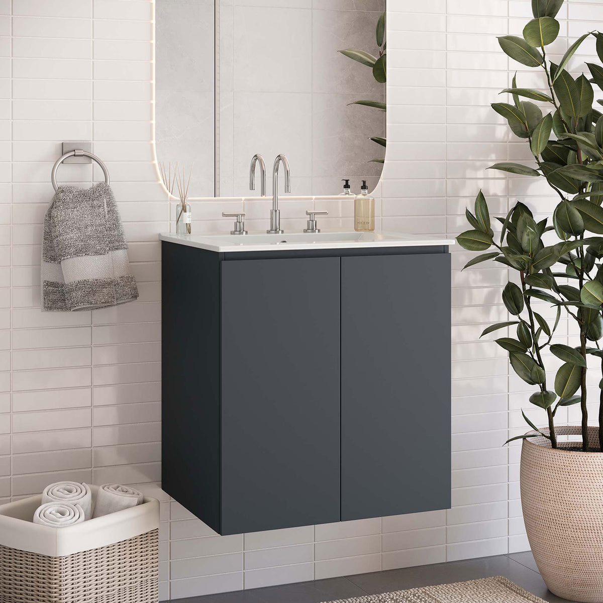 Sleek floating vanity elevates the bath with a gray cabinet and bright white sink. || EEI-5777-GRY-WHI || front_angle_room