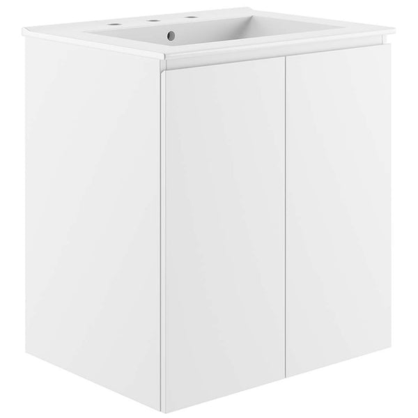 Sleek 24-inch wall-mount vanity with integrated ceramic sink and clean, handle-free doors || EEI-5777-WHI-WHI || front_angle_studio