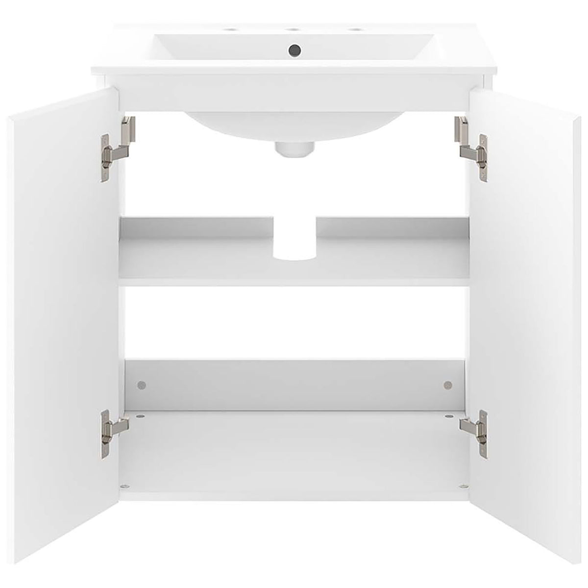 Compact 24-inch wall-mount vanity with open two-shelf storage and plumbing cutout || EEI-5777-WHI-WHI || front_open_studio