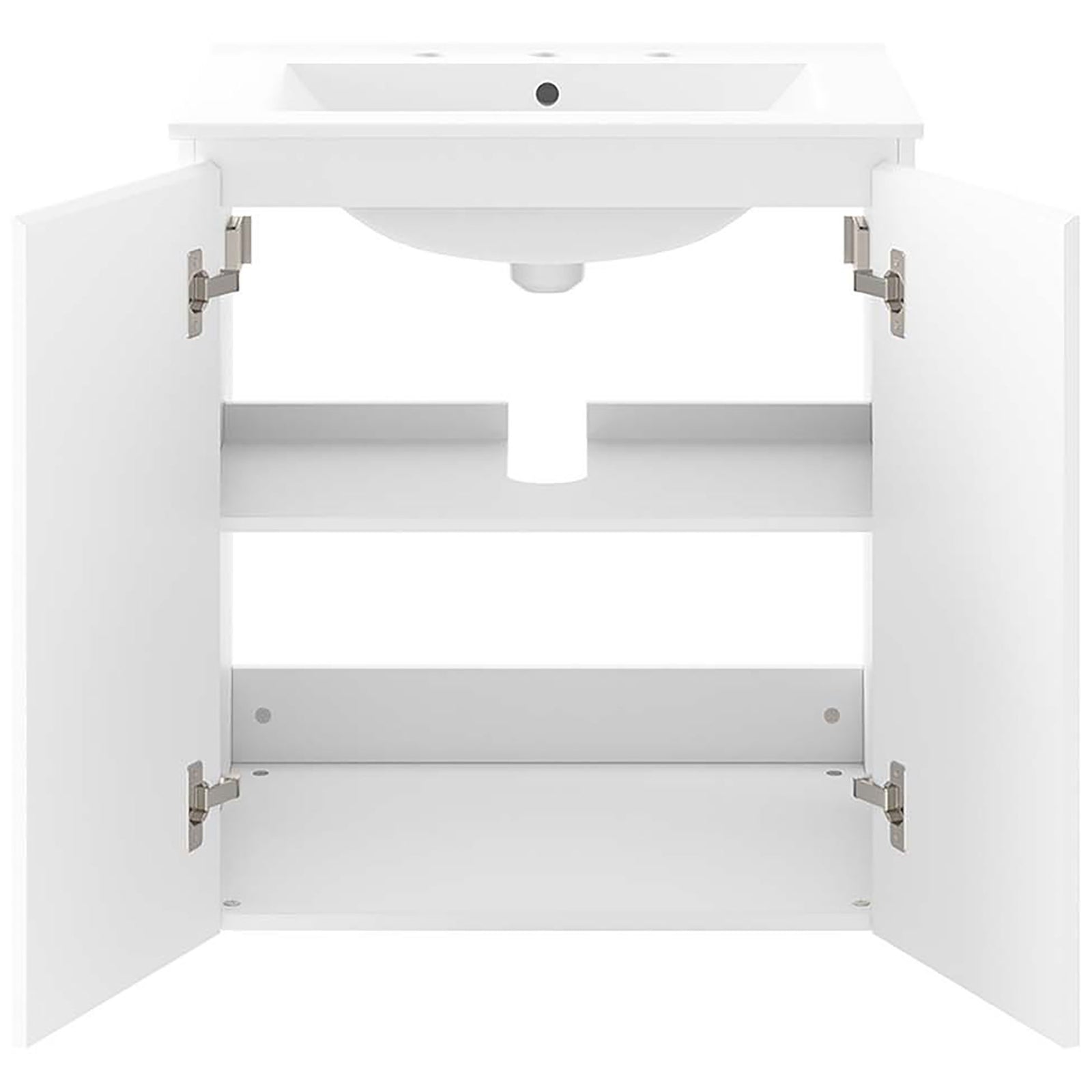 Compact 24-inch wall-mount vanity with open two-shelf storage and plumbing cutout || EEI-5777-WHI-WHI || front_open_studio