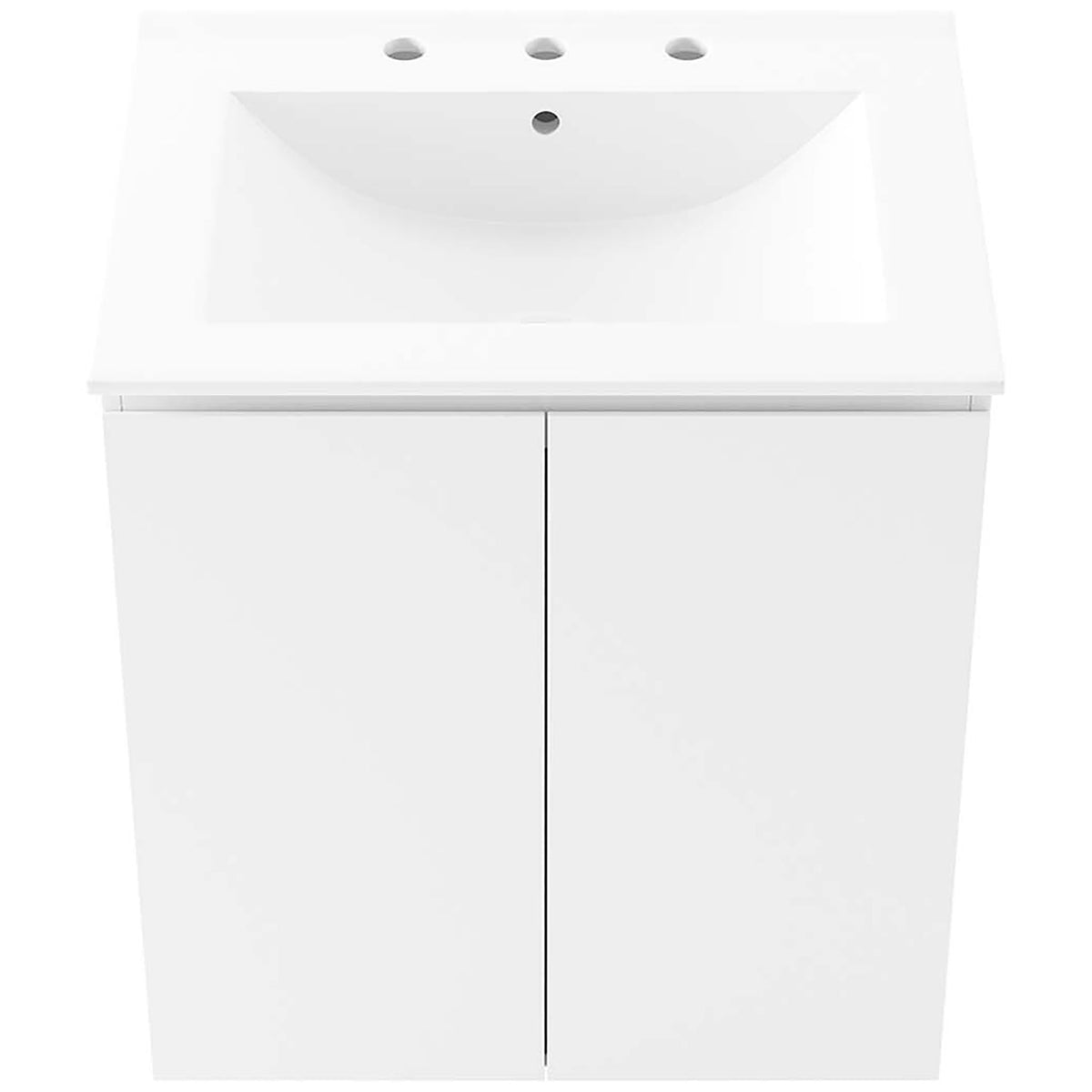 Integrated ceramic sink with 3-hole 8-inch faucet spacing crowns the minimalist 24-inch vanity || EEI-5777-WHI-WHI || top_studio