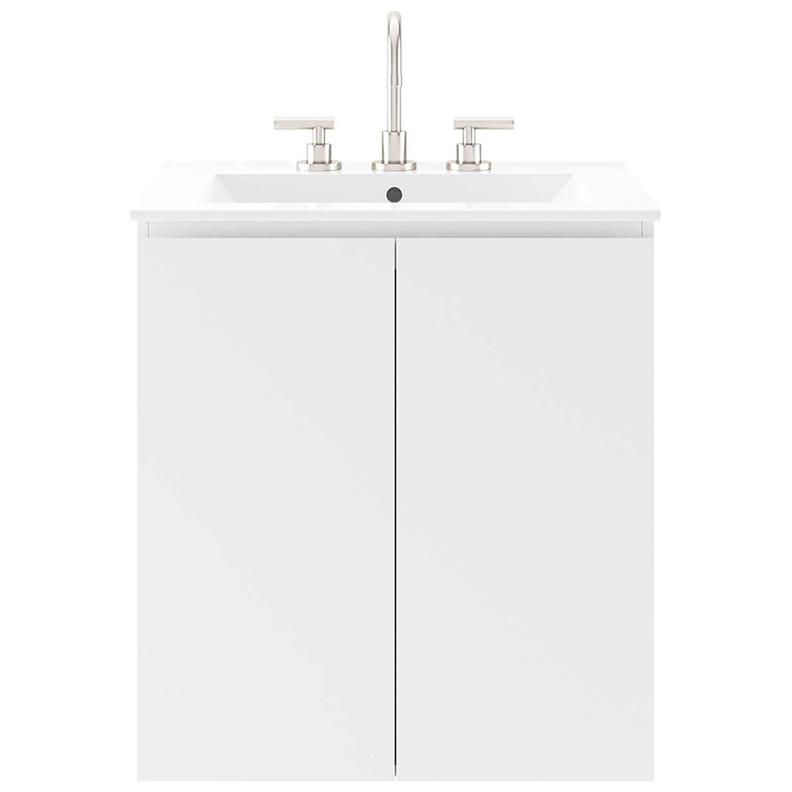 24-inch vanity styled with a two-handle faucet to showcase the integrated sink and clean-lined cabinet || EEI-5777-WHI-WHI || front_studio