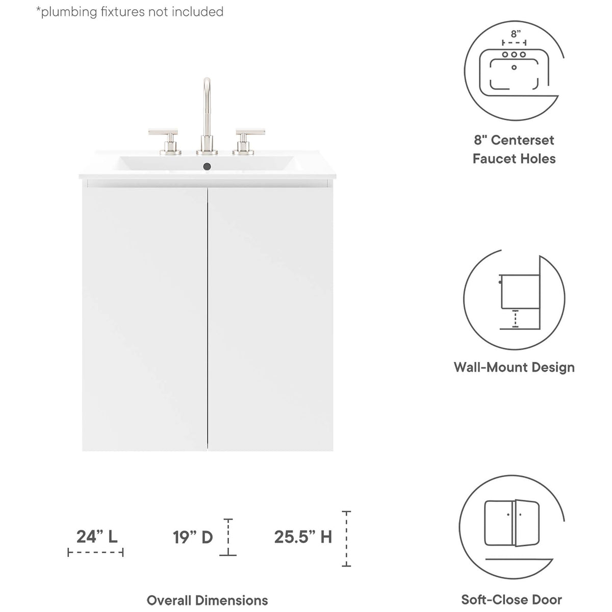 Bryn 24-inch wall-mount vanity features soft-close doors, wall-hung design, and 8-inch faucet spacing || EEI-5777-WHI-WHI || dimension_studio