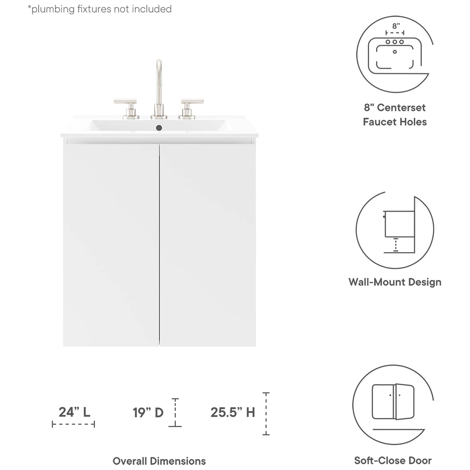 Bryn 24-inch wall-mount vanity features soft-close doors, wall-hung design, and 8-inch faucet spacing || EEI-5777-WHI-WHI || dimension_studio