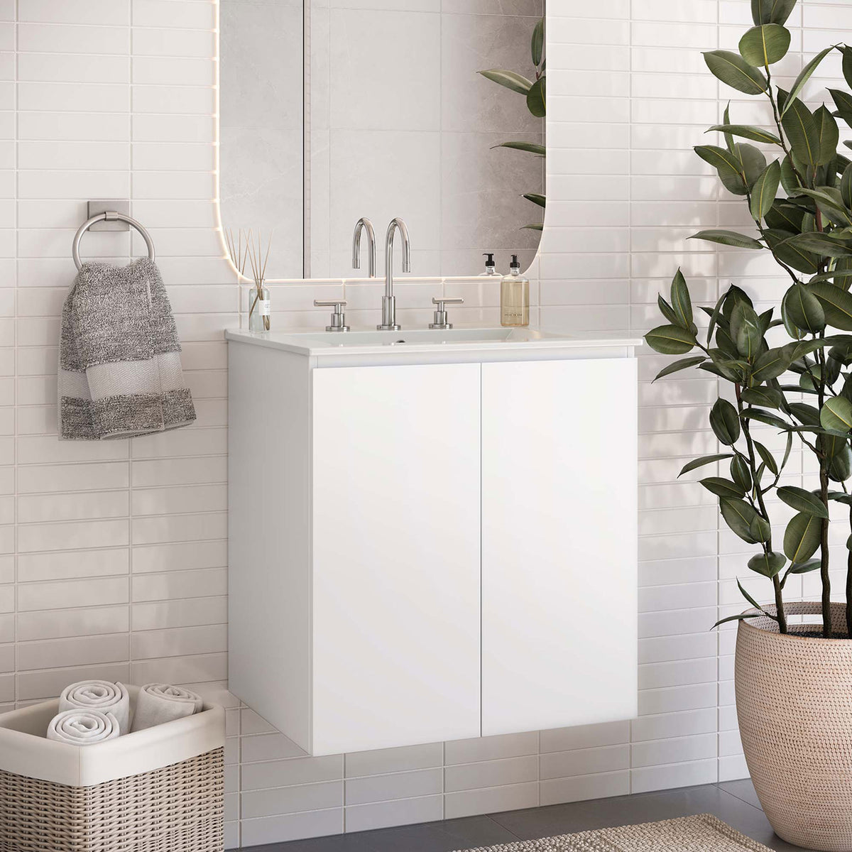 Modern 24-inch floating vanity adds airy, space-saving style to the bath || EEI-5777-WHI-WHI || front_angle_room