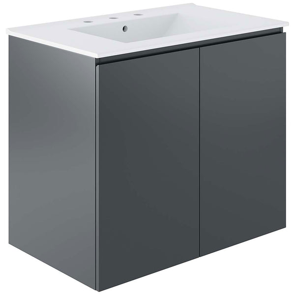 Wall-mounted vanity pairs a bright white top with a smooth gray two-door cabinet. || EEI-5778-GRY-WHI || front_angle_studio
