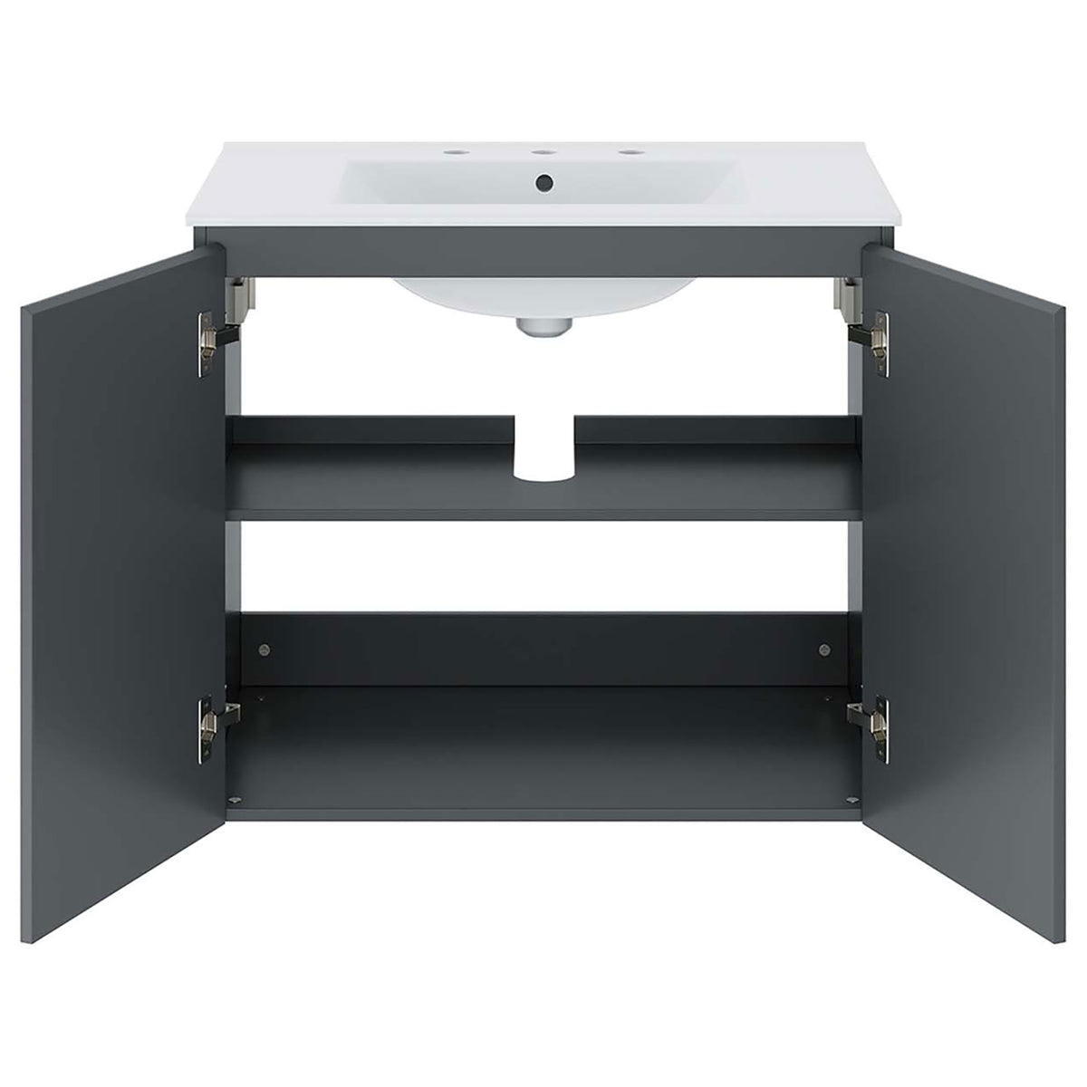 Ample cabinet space with convenient cutout for plumbing and soft-close hinges. || EEI-5778-GRY-WHI || front_open_studio