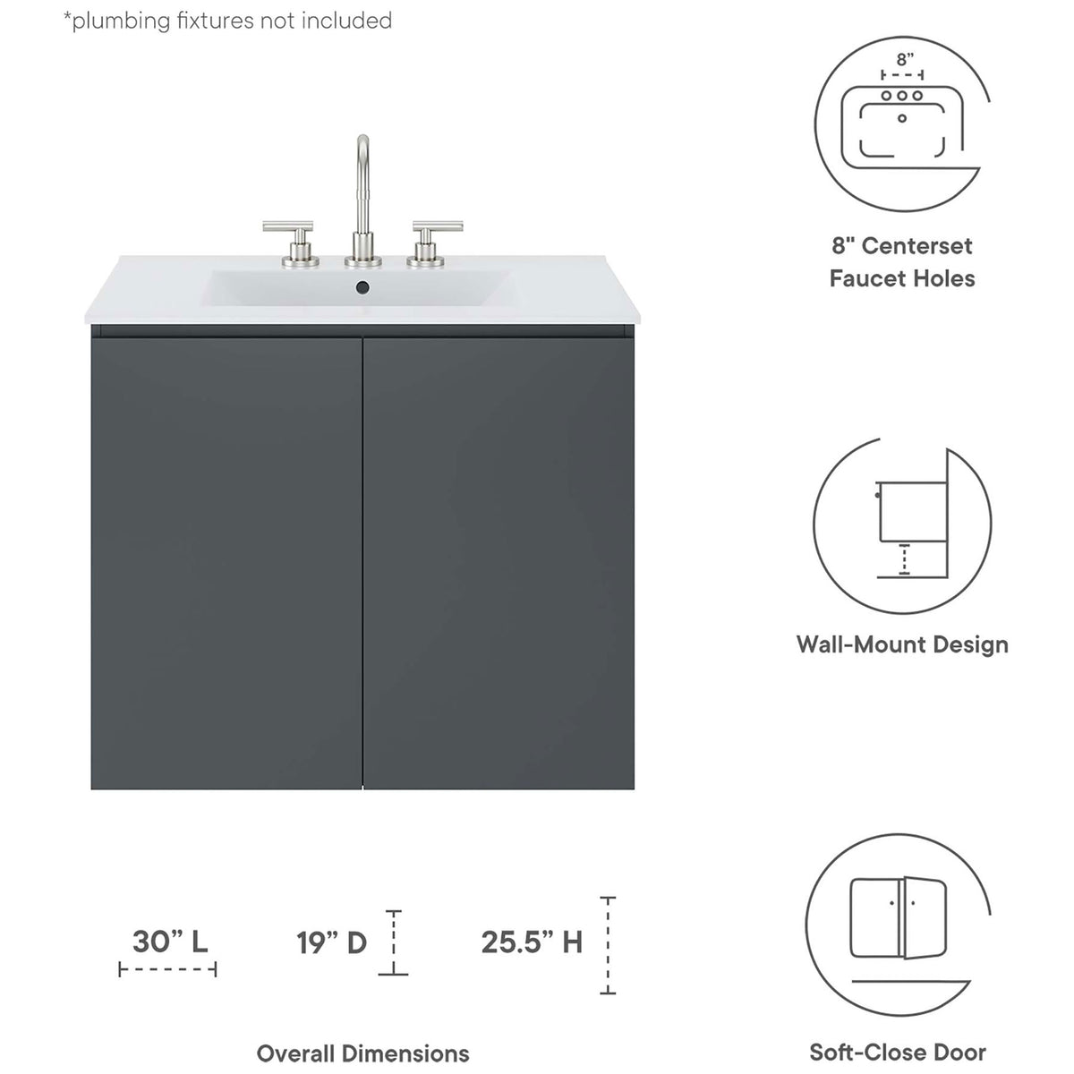 Measurements and core features for the wall-mount vanity. || EEI-5778-GRY-WHI || dimension_studio