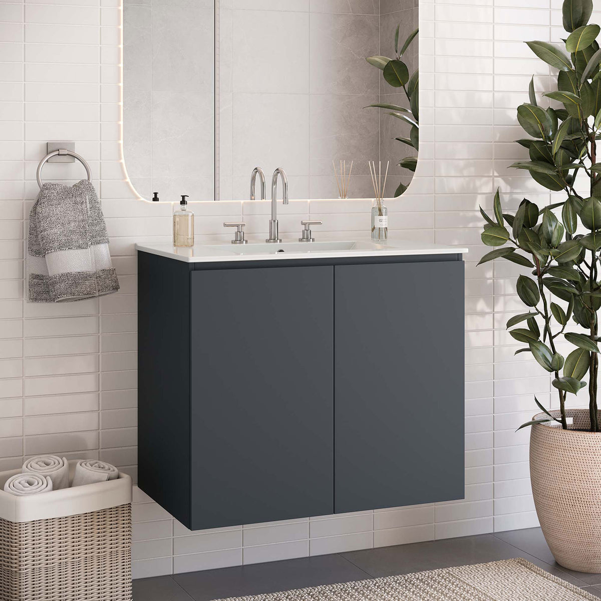 Floating design keeps floors clear for a clean, modern bathroom look. || EEI-5778-GRY-WHI || front_angle_room