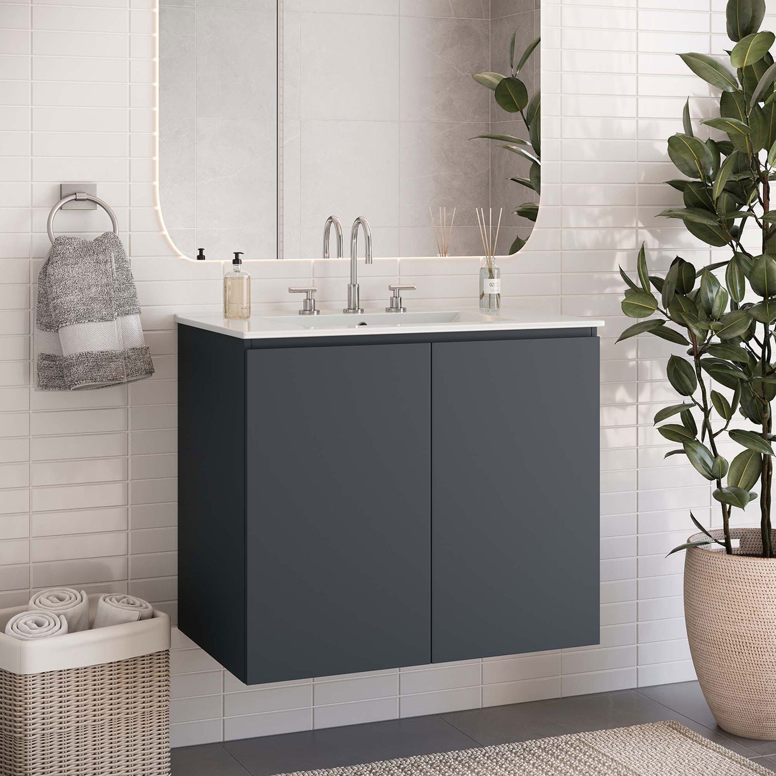 Floating design keeps floors clear for a clean, modern bathroom look. || EEI-5778-GRY-WHI || front_angle_room