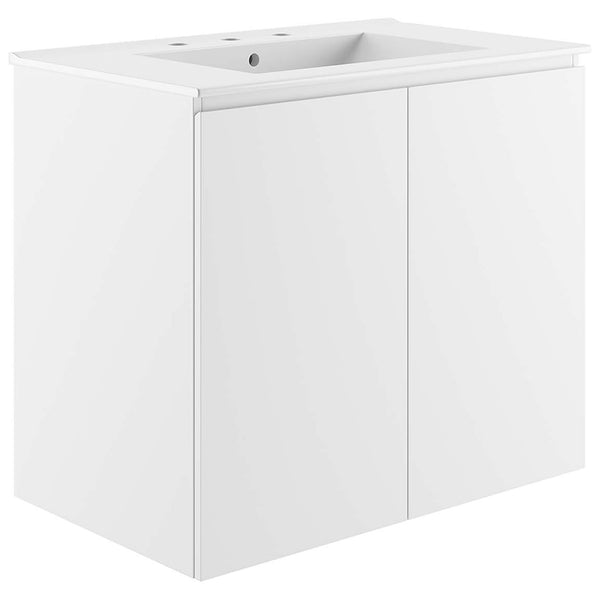 Crisp 30-inch floating vanity with integrated ceramic basin and sleek, handle-free doors || EEI-5778-WHI-WHI || front_angle_studio