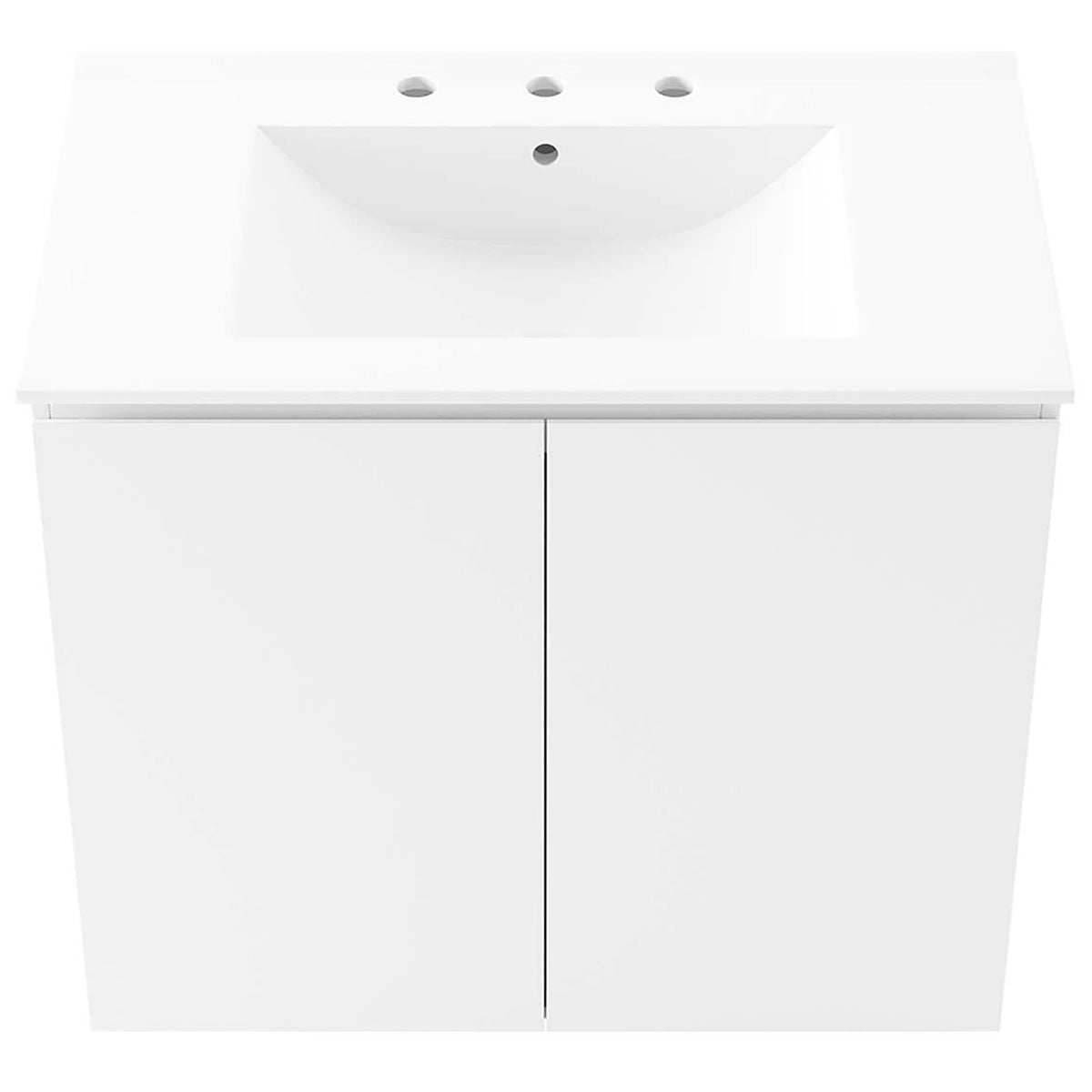 Integrated ceramic sink with 3-hole 8-inch faucet spacing tops the streamlined 30-inch vanity || EEI-5778-WHI-WHI || top_studio